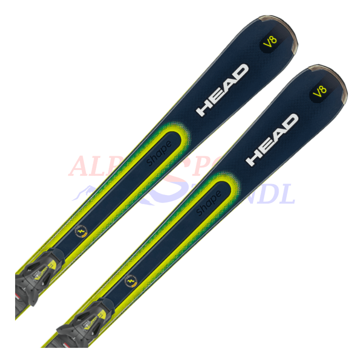 Head Shape e-V8 aus dem Jahre 2022/23 in der Farbe Dunkelblau-Gelb, Ansicht des oberen Teils des Skis