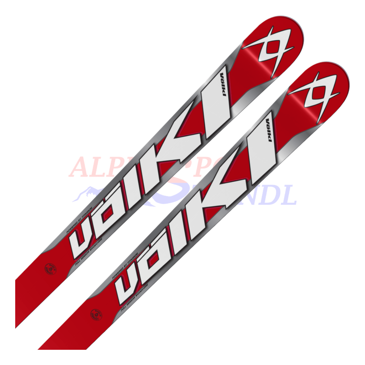 Völkl Racetiger Super-G aus dem Jahre 2013/14 in der Farbe Rot-Silber, Ansicht des oberen Teils des Skis